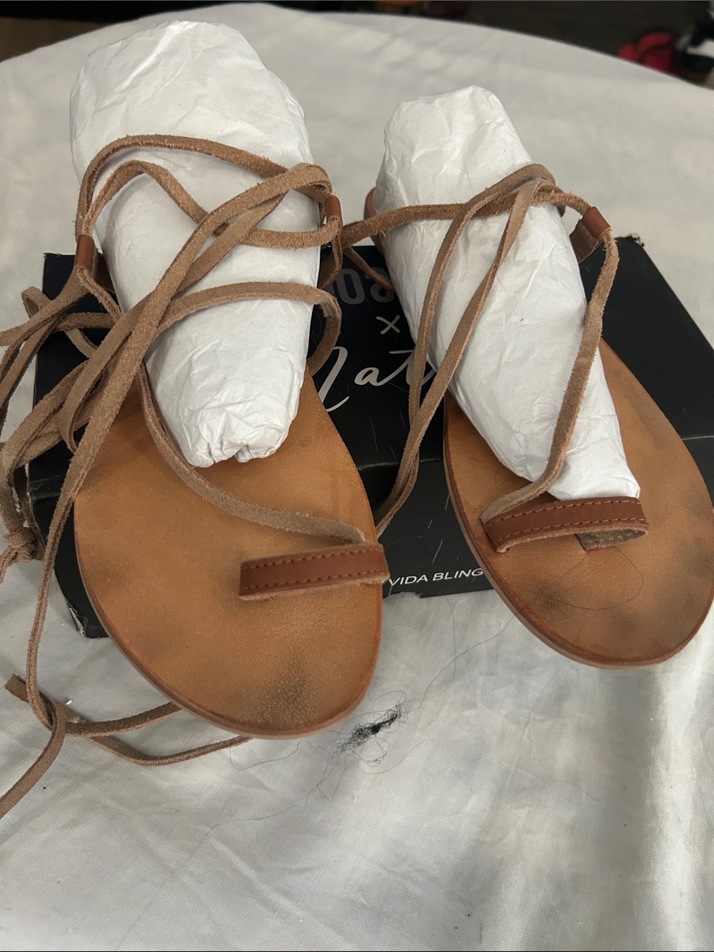 Amuse Society Tan Suede Wrap Lace-Up Flat Sandals